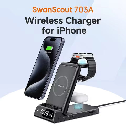 SwanScout 703A Wireless Charger for iPhone 17 16 15 14 13 Charging Station for Apple Watch 10 9 8 7