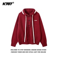 เสื้อสเวตเตอร์ถักสีแดงสไตล์ย้อนยุคแบบอเมริกัน K787 สำหรับทั้งชายและหญิง ฤดูหนาว 2024 แฟชั่นลำลอง ปกโ