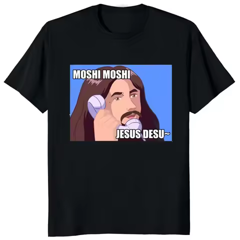 Moshi Moshi Jesus Desu Funny T-shirt Men T Shirt Short-sleev Breathable T-shirts Casual Tops Pattern