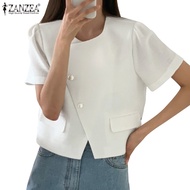 ZANZEA Women Korean Round Neck Puff Sleeves Short Sleeve Decorative Pocket Irregular Blazer