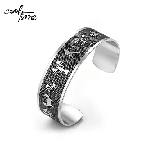 CoolTime 12 Zodiac Cuff Bracelet For Men 20MM Mystery Stainless Steel Silver Color Astrology Constel