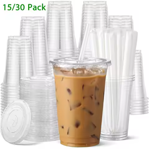 15/30 Pack 16oz/500ml Clear Plastic Cups with Lids and Straws, Disposable Iced Coffee Cups with Lids