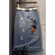 Fashion 2022 Spring Denim Skirt Mid-Length Fringe Irregular Fringe Irregular Fringe Straight Skirt F