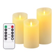 Set of 3 Flameless Candles Battery Operated Ivory Φ8cm Real Wax Pillars & Moving Flame Wick LED Cand