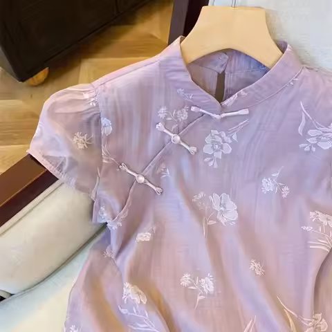 Purple new Chinese style printed short sleeved shirt for women's summer style Chinese qipao collar s