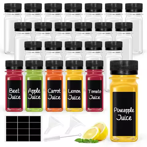 2oz Empty Plastic Mini Juice Bottles,Reusable Clear Shot Bottle Containers Funnels for Ginger Water 