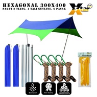 Complete package of hexagonal flysheet 300x400 cm hexa seamseal flysheet + 2 poles + abs pegs + guyl