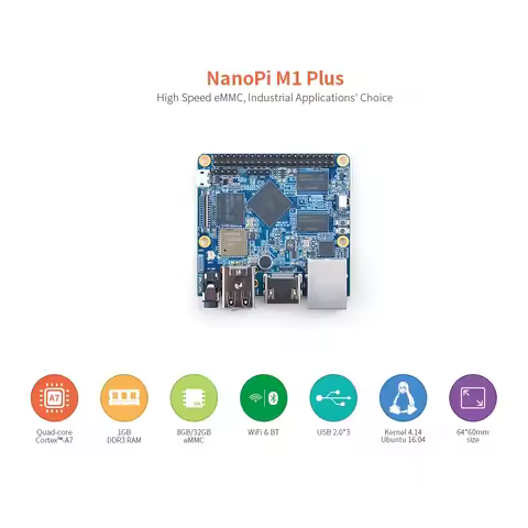 NanoPi M1 Plus (1G DDR RAM/8G eMMC) Allwinner H3 Quad Cortex-A7,1.2GHz,Wifi&BT,USB2.0,HDMI OpenWRT,U