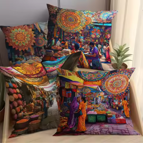 Vibrant Boho Printed Throw Pillow Cover Set 4 Pieces Indian Bazaar Market Scene Cushion Case Ethnic 