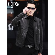 Jaket Kulit Tulen untuk Lelaki, Jaket Kulit Tulen Fit Slim Pendek, Lapel Kulit Biri-biri Samak Sayur