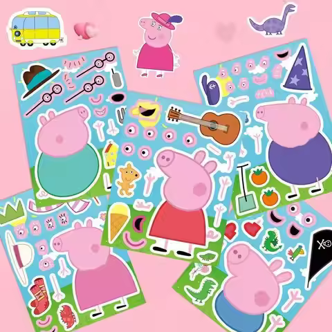 Peppa Pig family assembly puzzle cartoon stickers, pink and blue parent-child educational toys, diy 