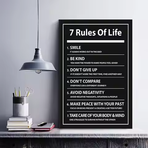 7 Rules of Life: Inspiring Letter Black Prints Motivational Quote Canvas Poster for Home Office Deco