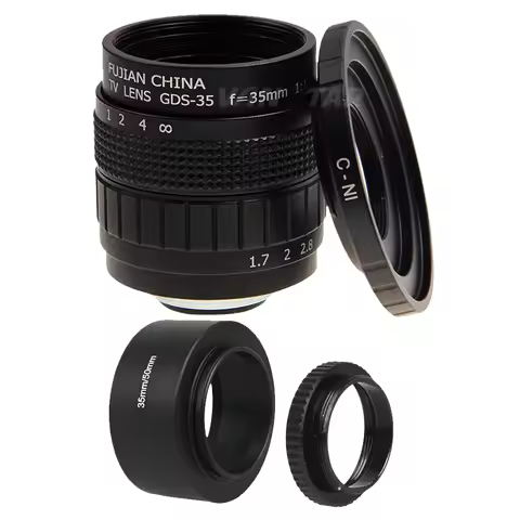 FUJIAN 35mm F1.7 CCTV F1.7 Lens + C-N1 Mount Ring + Lens Hood + Macro Ring for Nikon 1 J5 S2 J4 V3 A