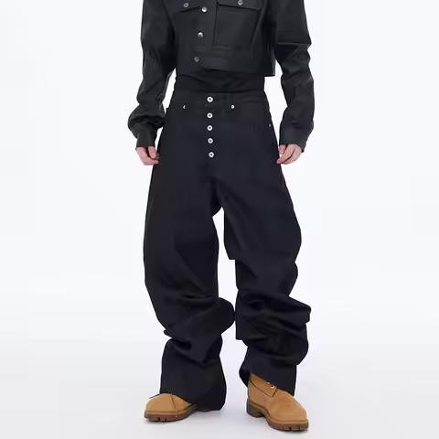 High Street Retro Buckle Design For Men'S Jeans Street Ruff And Handsome Loose Casual Wide Leg Pants