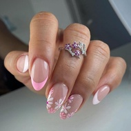 French Tip Press on Nails Medium Almond Fake Nails Pink False Nails with Flower Design Glue on Nails