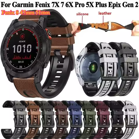 Silicone Leather Watch Strap For Garmin Fenix 7X 7 6X 6 Pro 5X 5 955 Quickfit Bands Epix Gen 2 Mk2i 