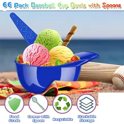 RMWIN-66Pack Baseball Ice Cream Bowls 33Pc Spoons And 33Pc 8Oz Mini Dessert Cups,Reusable Cup Bowls 