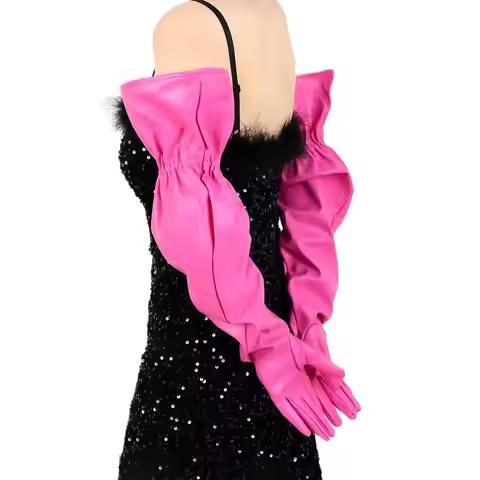 Tech Long Gloves Unisex Leather 70cm 28" Rose Red Pink Armband Puff Sleeves With Clouds Birthday Vac