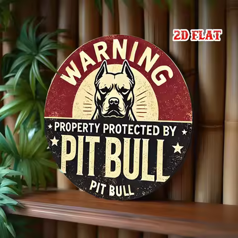 2D Flat, 1pc Retro Round Aluminum Sign - Pit Bull Warning & Protection Design Rustic Metal Wall Art,