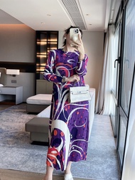 Miyake Autumn New Fashion Printed Slim Pleated Dress