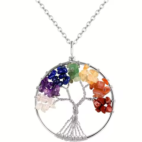 7 Chakra Tree of Life Wire Wrapped Link Chain Pendant Necklace Natural Stone Crystal Gemstone Neckla