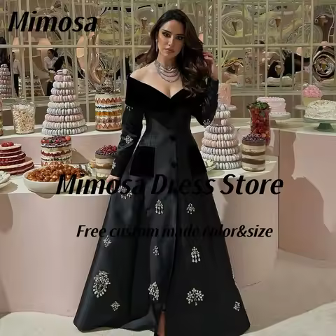 Mimosa Black Prom Dresses 2025 Off Shoulder Long Sleeves Evening Dress Beaded Satin Side Slit Birthd