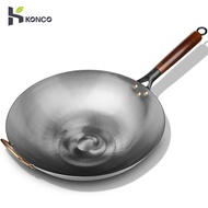 Konco Chinese Traditional iron Wok 32cm/34cm  iron Frying pan Gas cookware Pot Kitchen Cooking Pot Stir Fry Pan No coated  Wok with wooden handle light wok