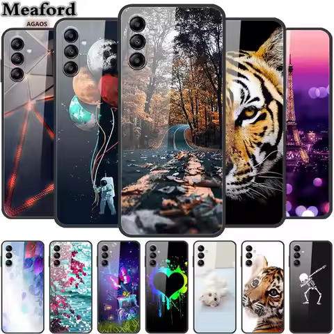 For Samsung A14 A34 A54 5G Tempered Glass Case Flowers Back Cover Hard Case for Samsung Galaxy A54 A