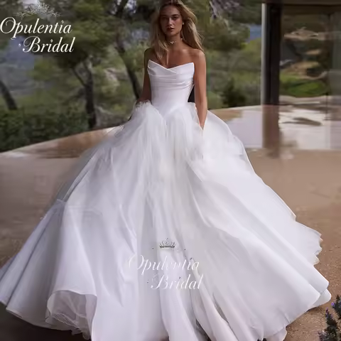 Opulentia Customized Wedding Gown Charming Strapless Ruched Wedding Dress Exqusite Boat Neck Ruffles