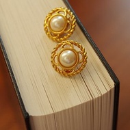 老又好古董珠寶金色優雅珍珠琺瑯圓形夾式耳環MONET c263