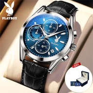 Playboy ของแท้ นาฬิกาข้อมือผู้ชาย สายหนังแท้ เรืองแสง กันน้ำ มัลติฟังก์ชันโครโนกราฟ 2567 นาฬิกา กีฬา ผู้ชาย นาฬิกาวินเทจ