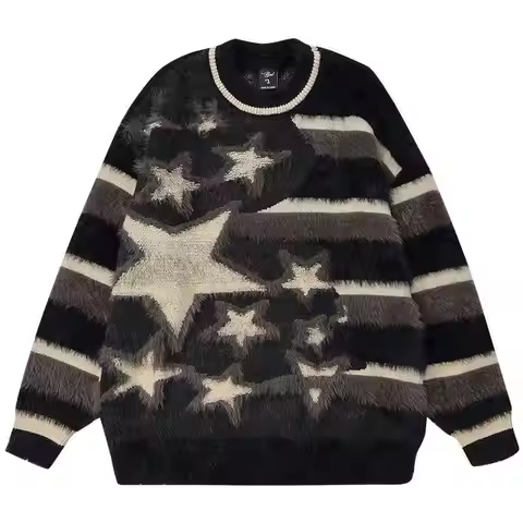 Star Design Sweater Stripe BF Casual Wool Knitwear Long Sleeved Casual Top Y2k Clothes Pullover Over