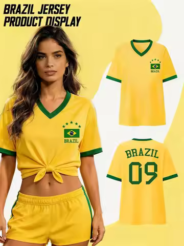 Women's Loose-Fit Soccer Fan T-Shirt, Brazil 09 Flag & Back Number Design