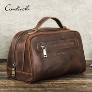 CONTACTS Genuine Leather Cosmetic Bags for Men Vintage Wash Bags Male Toiletry Bags Portable Makeup