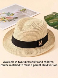 1個中性童裝極簡風格米色編織草帽,帶黑絲帶,鑽石m字母裝飾和翹起的帽檐,適用於戶外活動、沙灘度假,兒童夏季防曬禮物
