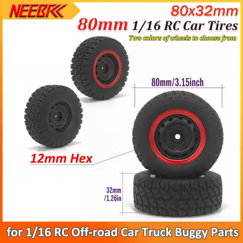 NEEBRC 4pcs 80mm RC Car Tires 12mm Hex 80x32mm Skidproof Strong Buffering Wheels Tyre for 1/16 RC Of