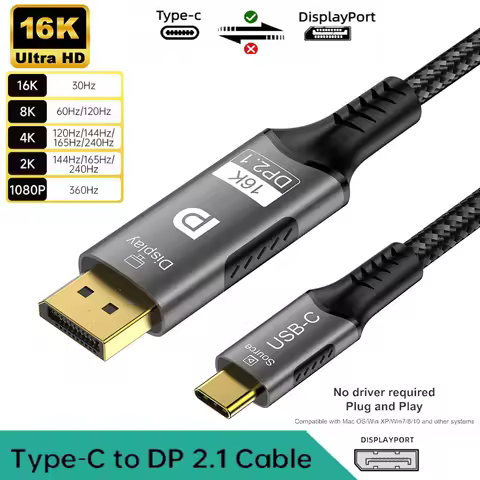 Type-C to DP 2.1 USB C to 16K DisplayPort 2.1 Cable 16K@30Hz 8K@60Hz For Thunderbolt 4/3 54Gpbs MacB