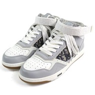 狀況極佳：DIOR Homme 3SH132ZIR B27 LT CALF OBLIQUE JAC Oblique CD 標誌提花魔鬼氈繫帶皮革中幫運動鞋，灰色和白色，39 碼，義大利製造。