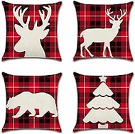 Cushion Cover, 65x65cm Set of 4, Christmas Red Plaid Elk Soft Velvet Throw Pillow Cases 26x26in, Square Sofa Cushion Cover with Invisible Zipper for Couch Bed Car Bedroom Home Decor