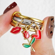 Stainless Steel Charm Rings For Women Gril Red Rose Lip Flower Pendant Spinelli Kilcollin Ring Stack