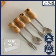 Travel Portable Cutlery Set Kid Cutlery Set Dessert Spoon Fork Wooden Cutlery Set Alat Makan