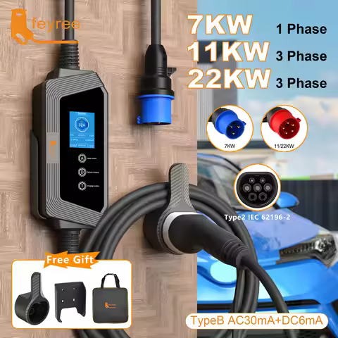 feyree Portable EV Charger Type2 22KW 11KW 3P Fast Charging 7KW 32A 1P for Electric Car Adjusting Cu