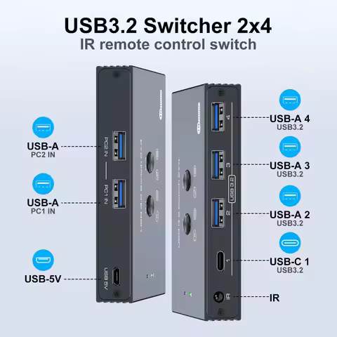 USB 3.2 Switch 2/3/4 Computers Share 4 USB Devices with IR Remote 4 Port Hub USB 3.0 KVM 10Gbps Data