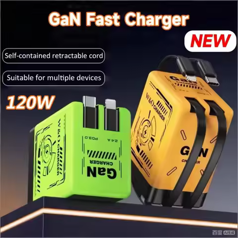2026 New GaN 120W Fast Charger with Retractable Type-C Ligting Cable Portable Multi-Device Folding A
