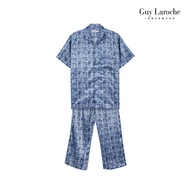 Guy Laroche Short-Sleeved Collar Pajamas Long Pants Printed Pattern Satin Fabric Smooth And Blue Mod