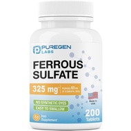 Puregen Labs Ferrous Sulfate 325 mg (65 mg Elemental Iron) 200 Tablets  Iron  | No Artificial Color 