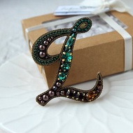 Emerald Beaded Letter Brooch.Custom Name Pin.Embroidered Brooch.Customized Gift