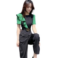 Ruffled Stitching Long Jumpsuit Women Summer Contrast Color High Waist Wide Leg Trousers Korean Version Loose Lace-Up Jumpsuit Slimmer Look Round Neck Jump