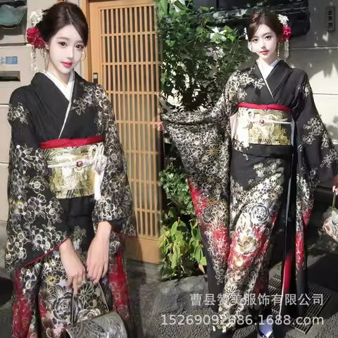 Woman Japanese Traditional Yukata Kimono with Black Obi Printed Yukata Haori Cosplay Stage Show Cost