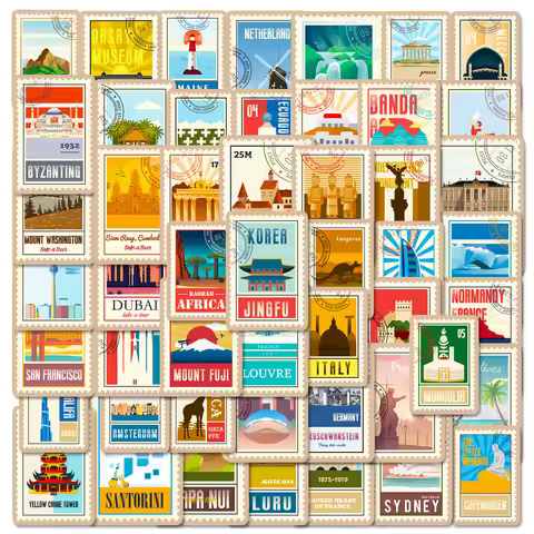 10/25/50pcs Travel World Landmark Stickers Post Stamp Style for Suitcase Notebook Guitar Laptop Phon